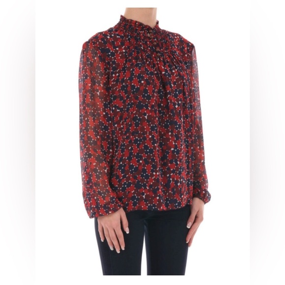 Diane Von Furstenberg 12 silk smocked polka dot Red Fall Holiday luxury blouse - Picture 1 of 14